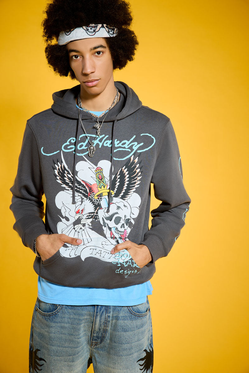 77 Eagle Fleece Pullover Hoodie CHARCOAL | Ed Hardy
