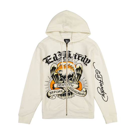 Death Before Dishonor Fleece Zip Front Hoodie IVORY | Ed Hardy