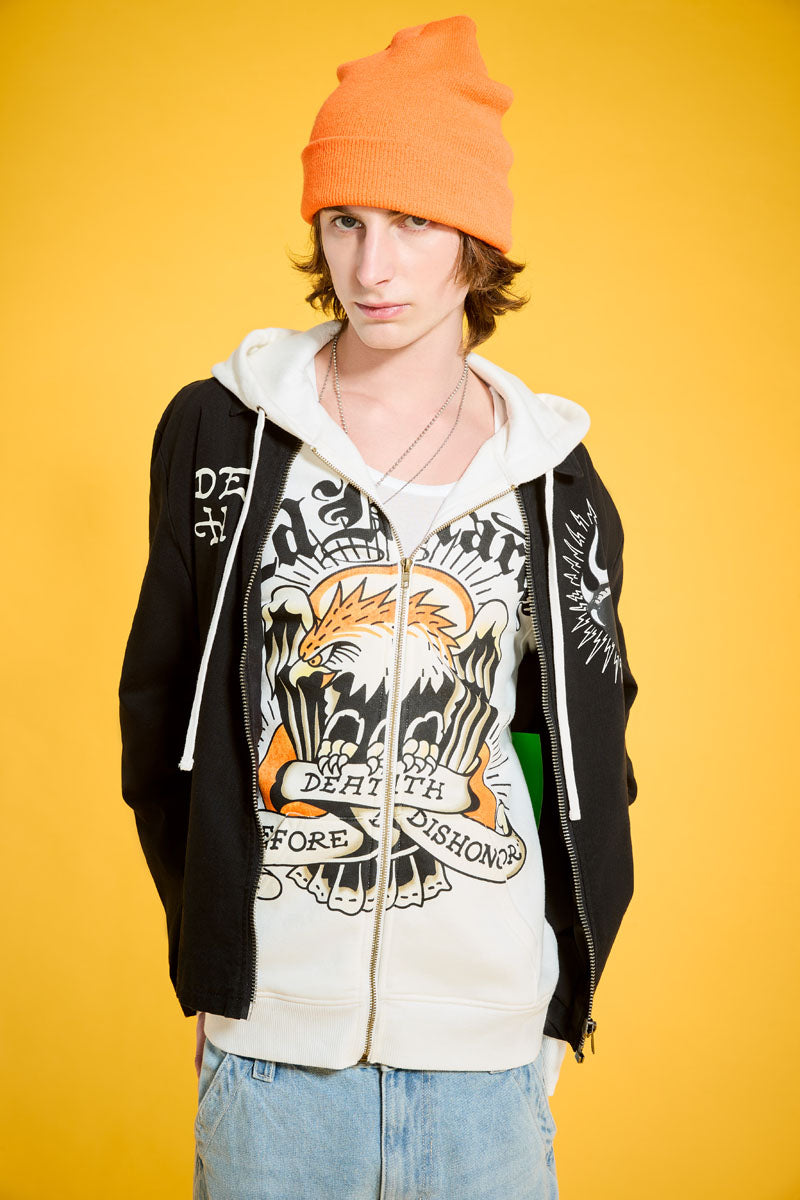 Death Before Dishonor Fleece Zip Front Hoodie IVORY | Ed Hardy