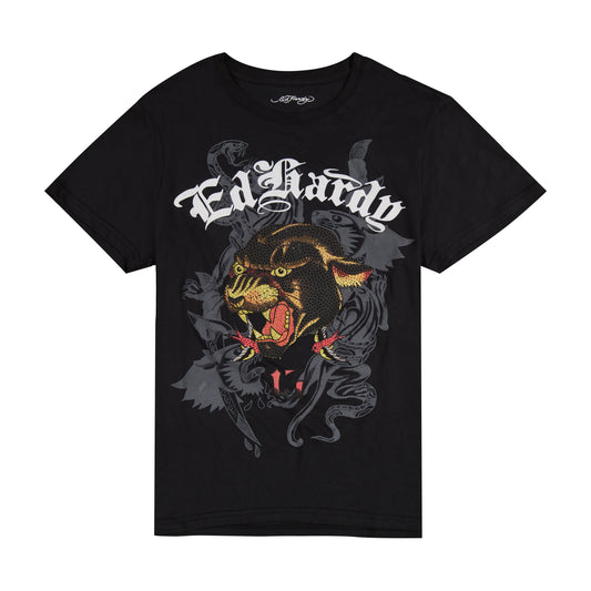 Panther Head Throwback Rhinestone Tee BLACK | Ed Hardy