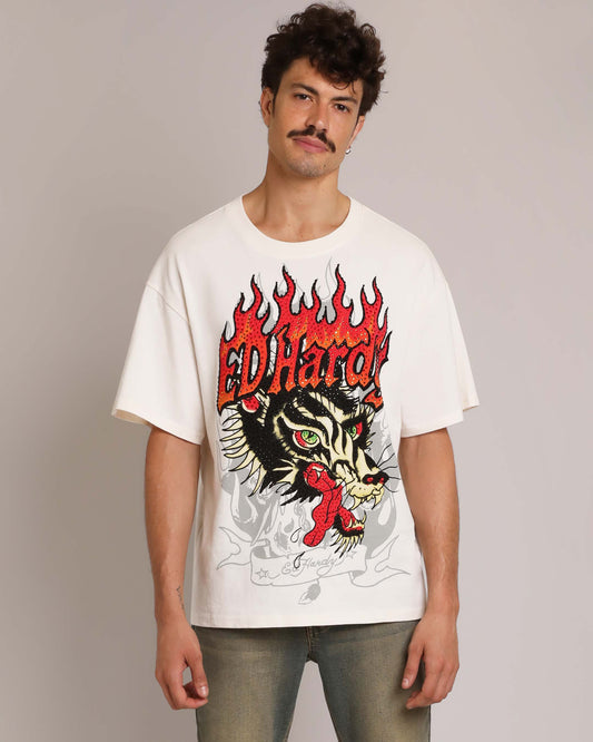 Wolf Head Rhinestone Boxy Tee | Men's Y2K Boxy Tee | Ed Hardy IVORY | Ed Hardy