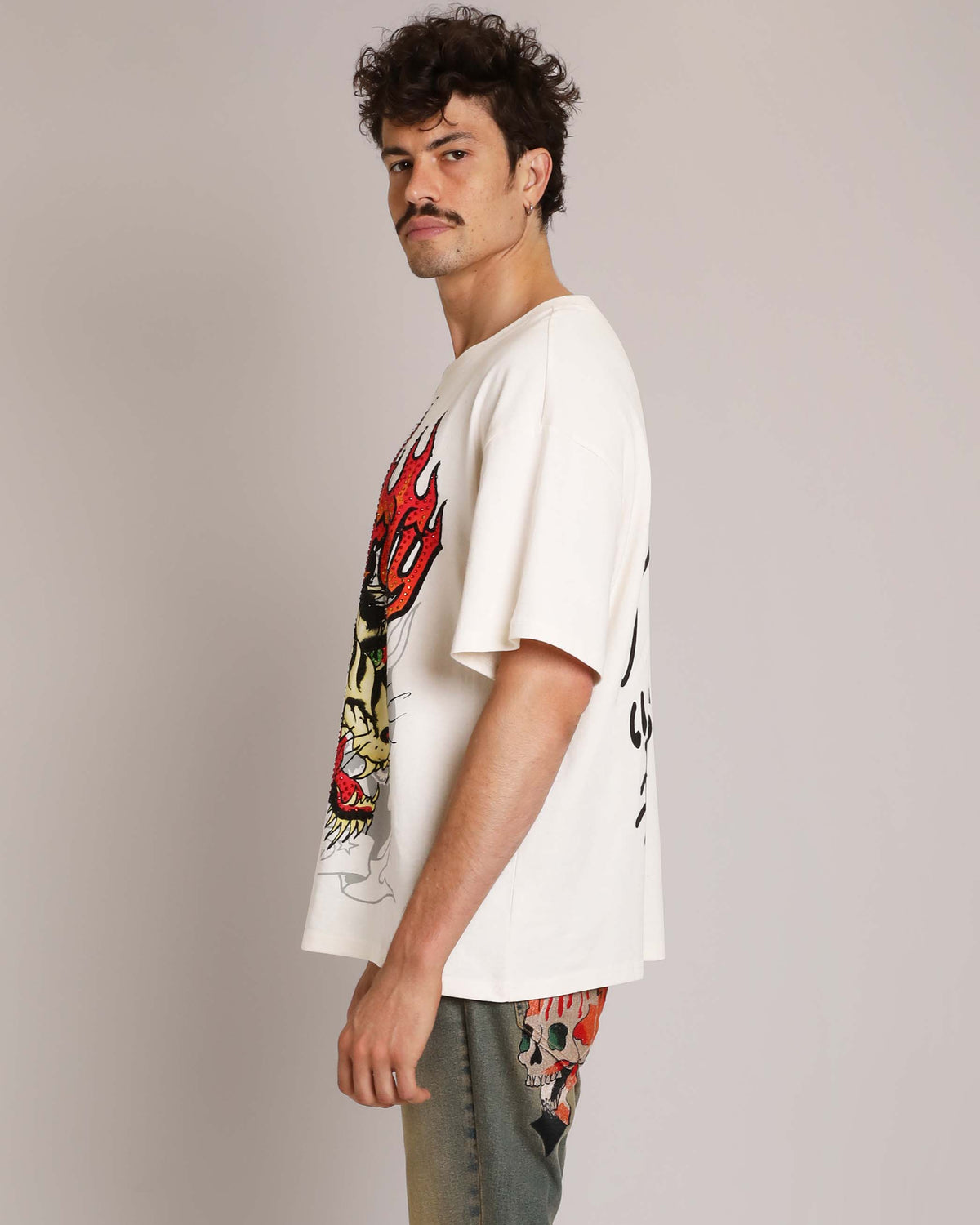 Wolf Head Rhinestone Boxy Tee | Men's Y2K Boxy Tee | Ed Hardy IVORY | Ed Hardy