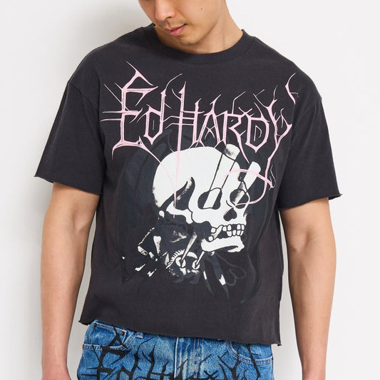 Spider Skull Boxy Cropped Tee | Men's Y2K Tee | Ed Hardy MINERAL GREY | Ed Hardy