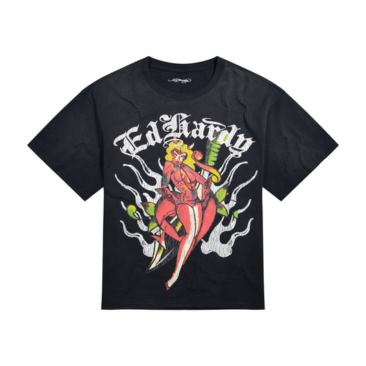 Dagger Pinup Boxy Tee | Men's Y2K Tee | Ed Hardy SUNFADE BLACK | Ed Hardy