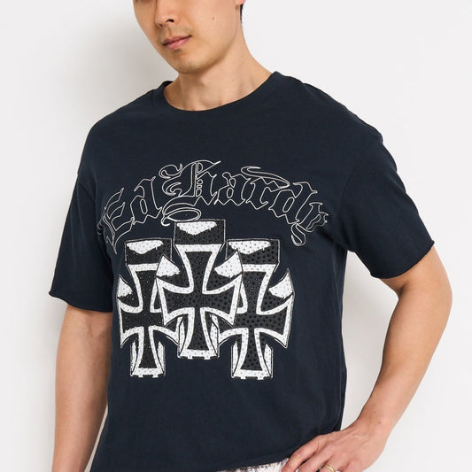 Crosses Rhinestone Boxy Cropped Tee | Men's Y2K Tee | Ed Hardy BLACK | Ed Hardy