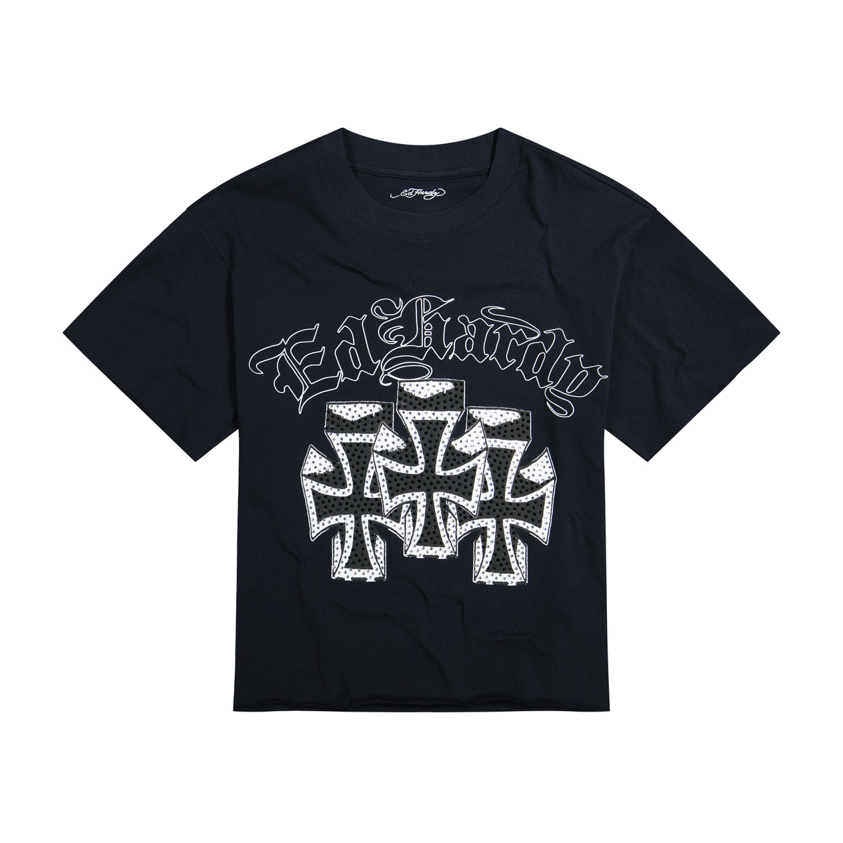 Crosses Rhinestone Boxy Cropped Tee | Men's Y2K Tee | Ed Hardy BLACK | Ed Hardy