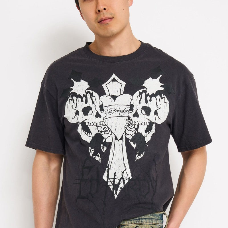 Cross Skulls Boxy Tee | Men's Y2K Tee | Ed Hardy MINERAL GREY | Ed Hardy