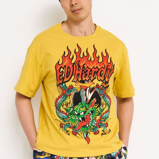Dragons Rhinestone Boxy Tee | Men's Y2K Tee | Ed Hardy MUSTARD | Ed Hardy