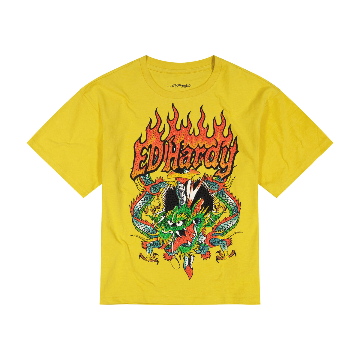 Dragons Rhinestone Boxy Tee | Men's Y2K Tee | Ed Hardy MUSTARD | Ed Hardy