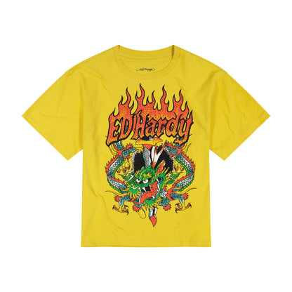 Dragons Rhinestone Boxy Tee | Men's Y2K Tee | Ed Hardy MUSTARD | Ed Hardy