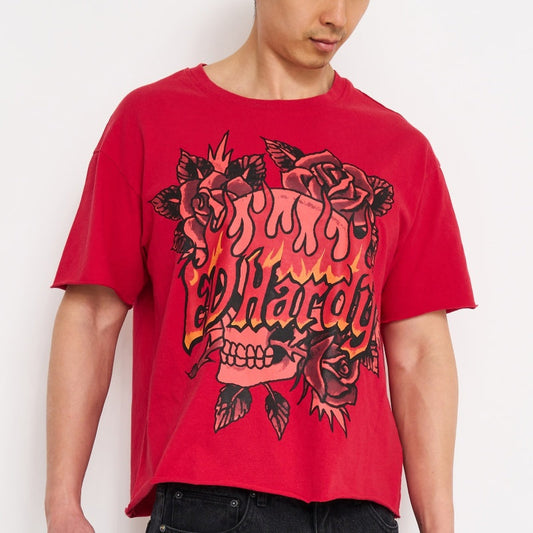 Skull Roses Boxy Cropped Tee | Men's Y2K Tee | Ed Hardy MINERAL RED | Ed Hardy
