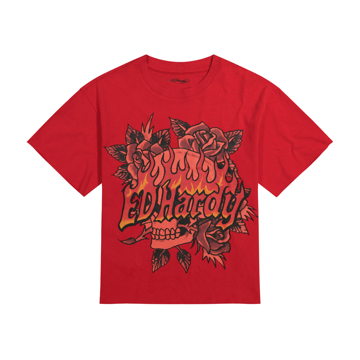 Skull Roses Boxy Cropped Tee | Men's Y2K Tee | Ed Hardy MINERAL RED | Ed Hardy