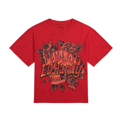 Skull Roses Boxy Cropped Tee | Men's Y2K Tee | Ed Hardy MINERAL RED | Ed Hardy