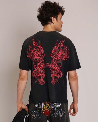 Mary Dragons Boxy Cropped Tee | Men's Y2K Boxy Tee | Ed Hardy SUNFADE BLACK | Ed Hardy