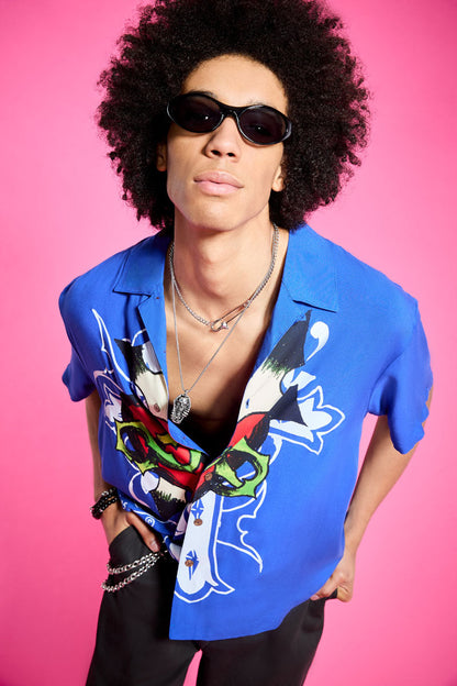Cross Snake Boxy Camp Shirt POP BLUE | Ed Hardy