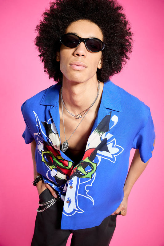 Cross Snake Boxy Camp Shirt POP BLUE | Ed Hardy