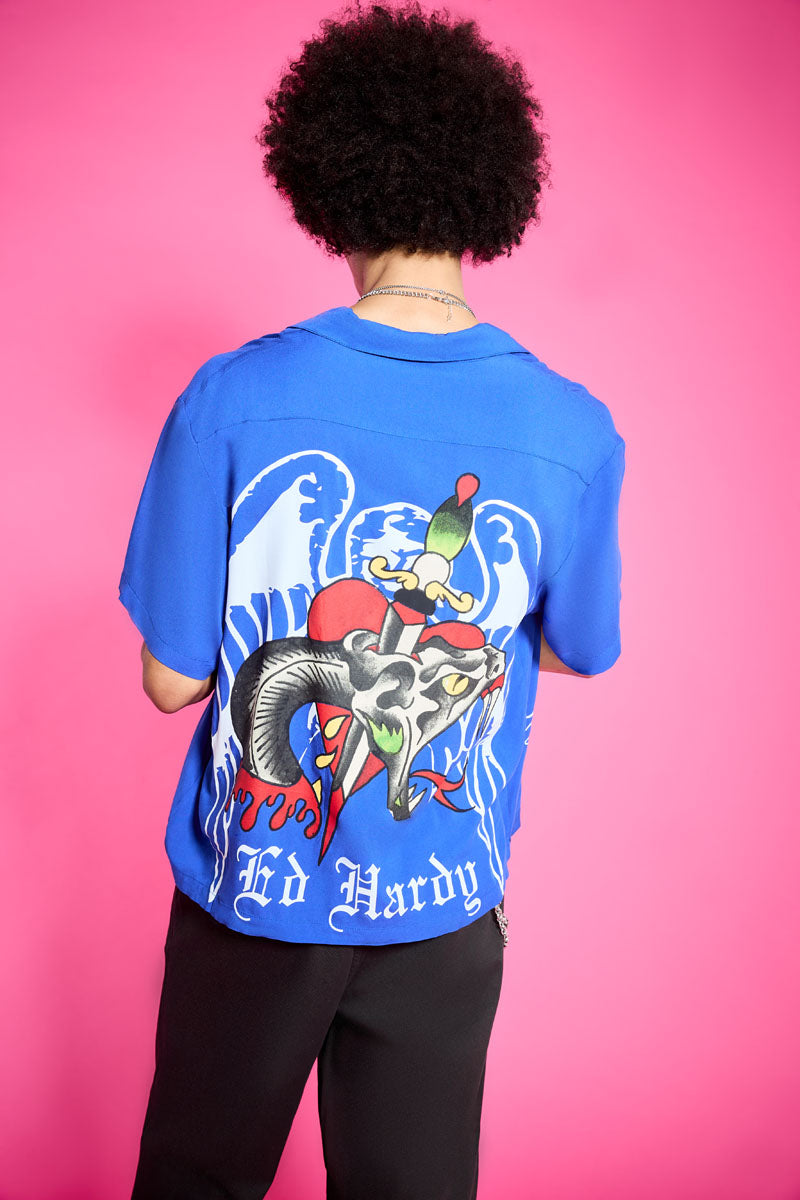 Cross Snake Boxy Camp Shirt POP BLUE | Ed Hardy