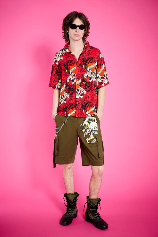 LKS Skull Boxy Camp Shirt RED | Ed Hardy