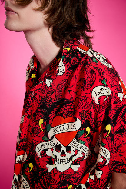 LKS Skull Boxy Camp Shirt RED | Ed Hardy