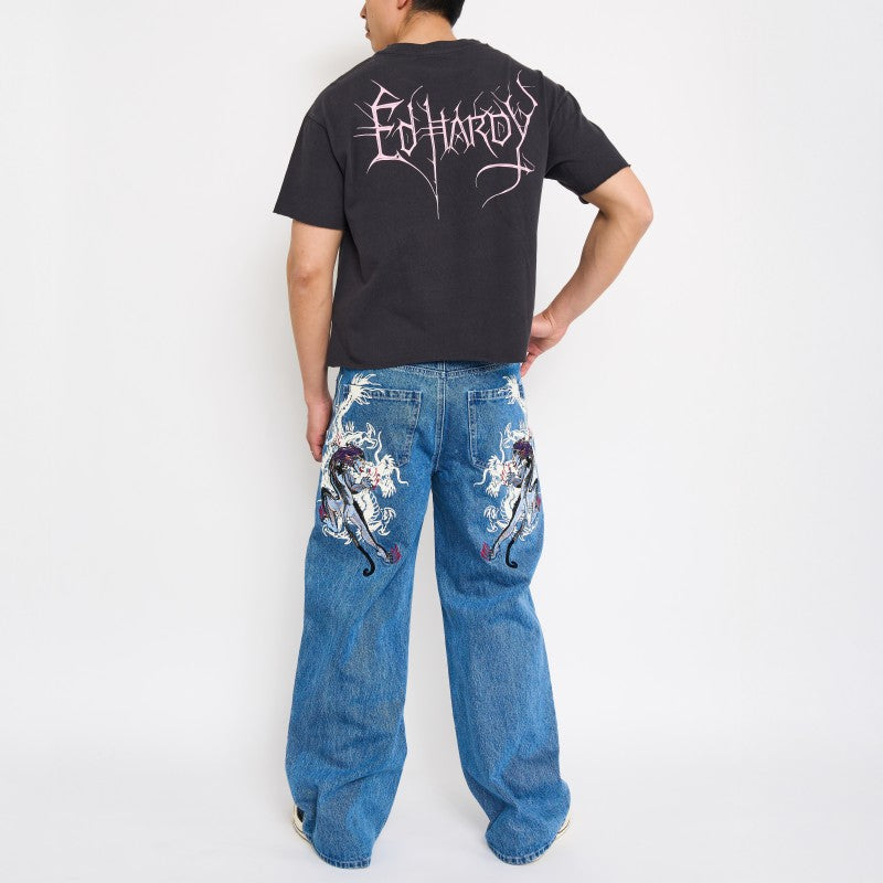 Panteras Embroidered Baggy Wide Leg Jeans RETRO BLUE | Ed Hardy
