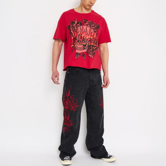 Dragons Baggy Embroidered Wide Leg Jeans BLACK | Ed Hardy