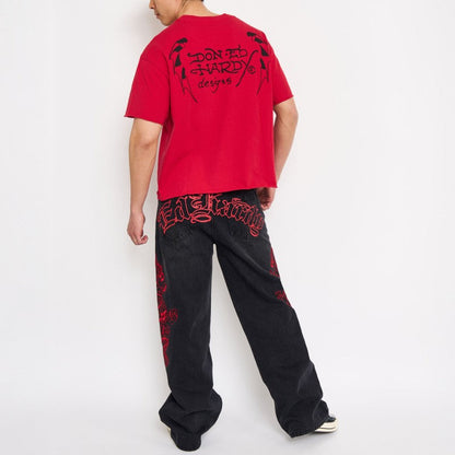 Dragons Baggy Embroidered Wide Leg Jeans BLACK | Ed Hardy
