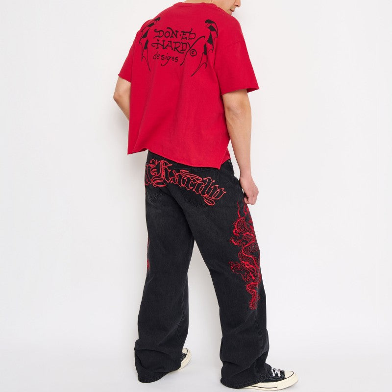 Dragons Baggy Embroidered Wide Leg Jeans BLACK | Ed Hardy