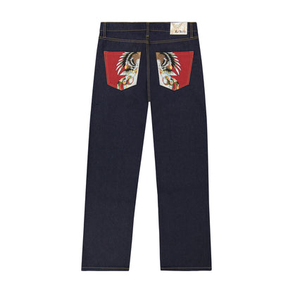 Battle Skull Baggy Wide Leg Jeans RAW | Ed Hardy