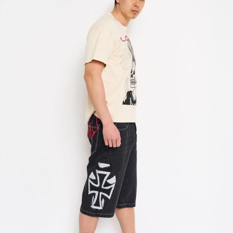 Crosses Rhinestone Mens Long Denim Shorts Y2K BLACK | Ed Hardy