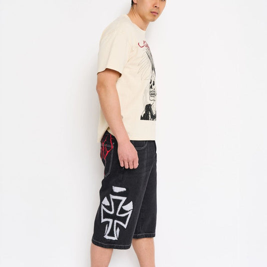 Crosses Rhinestone Mens Long Denim Shorts Y2K BLACK | Ed Hardy