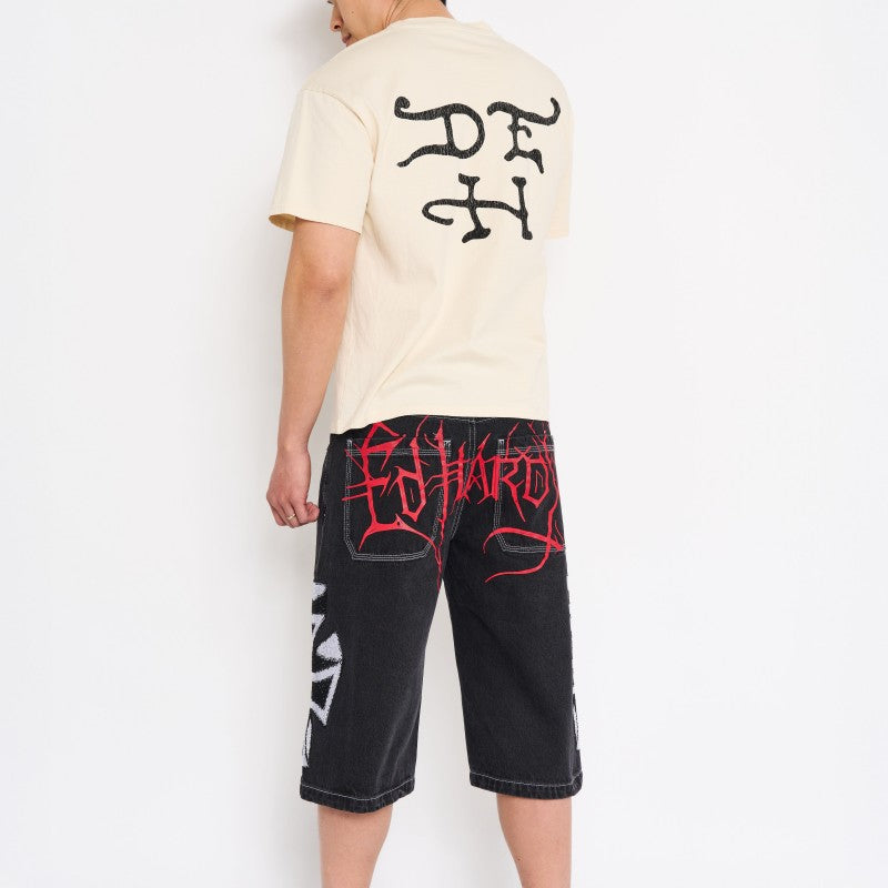 Crosses Rhinestone Mens Long Denim Shorts Y2K BLACK | Ed Hardy