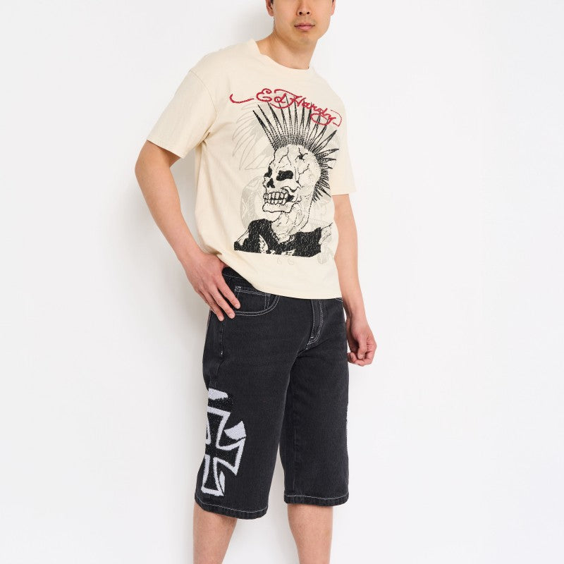 Crosses Rhinestone Mens Long Denim Shorts Y2K BLACK | Ed Hardy