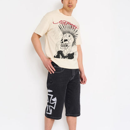 Crosses Rhinestone Mens Long Denim Shorts Y2K BLACK | Ed Hardy