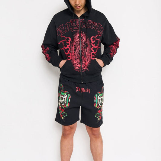 Skull Hearts Rhinestone Fleece Shorts BLACK | Ed Hardy