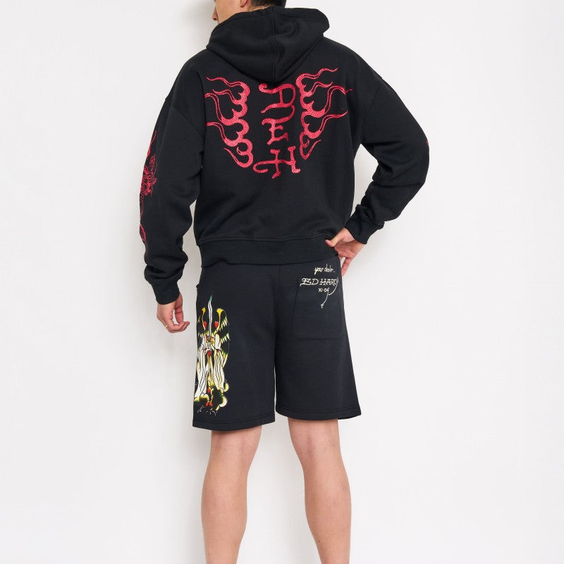 Skull Hearts Rhinestone Fleece Shorts BLACK | Ed Hardy