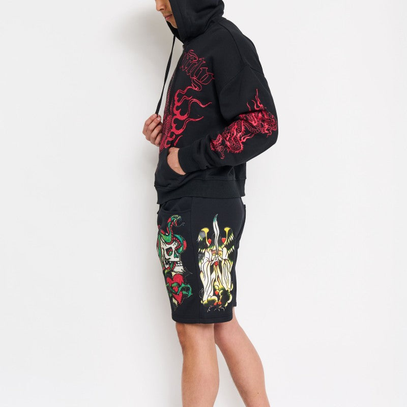 Skull Hearts Rhinestone Fleece Shorts BLACK | Ed Hardy