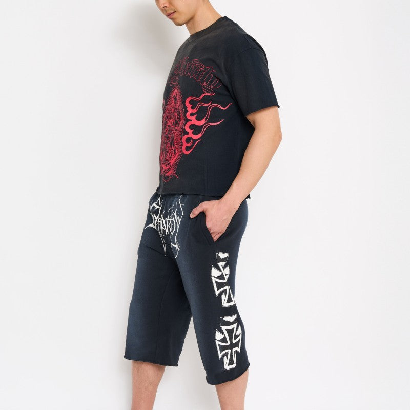 Crosses Puff Print Long Fleece Shorts SUNFADE BLACK | Ed Hardy