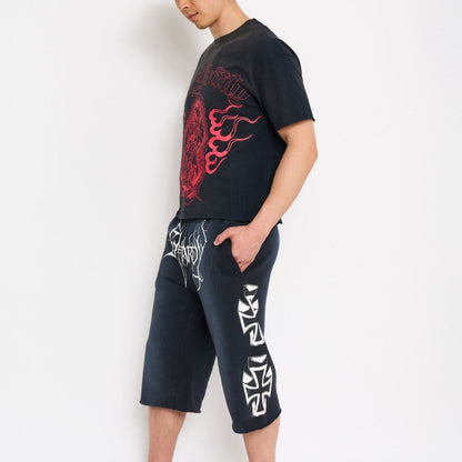 Crosses Puff Print Long Fleece Shorts SUNFADE BLACK | Ed Hardy
