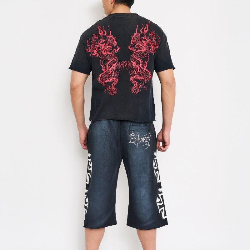 Crosses Puff Print Long Fleece Shorts SUNFADE BLACK | Ed Hardy
