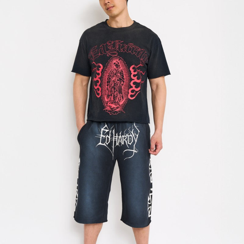 Crosses Puff Print Long Fleece Shorts SUNFADE BLACK | Ed Hardy