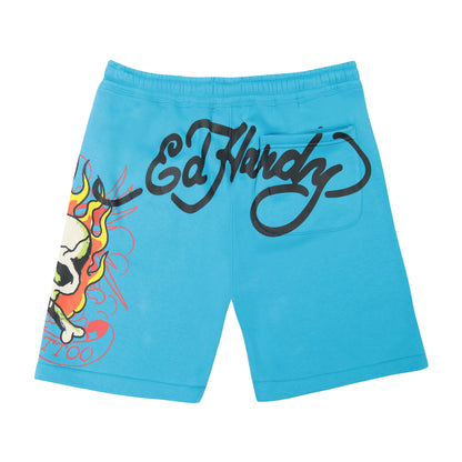 Flame Skull Fleece Shorts JEWEL | Ed Hardy