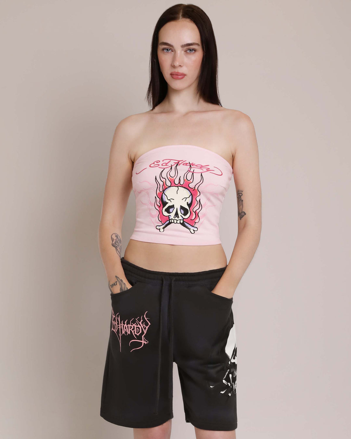 Pink Flame Skull Tube Top PINK BALLERINA | Ed Hardy