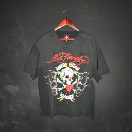 Skull Flame Cropped Mens Boxy Tee SUNFADE BLACK | Ed Hardy