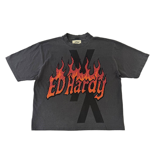 Flames Shadow Rhinestone Boxy Tee SHADOW | Ed Hardy