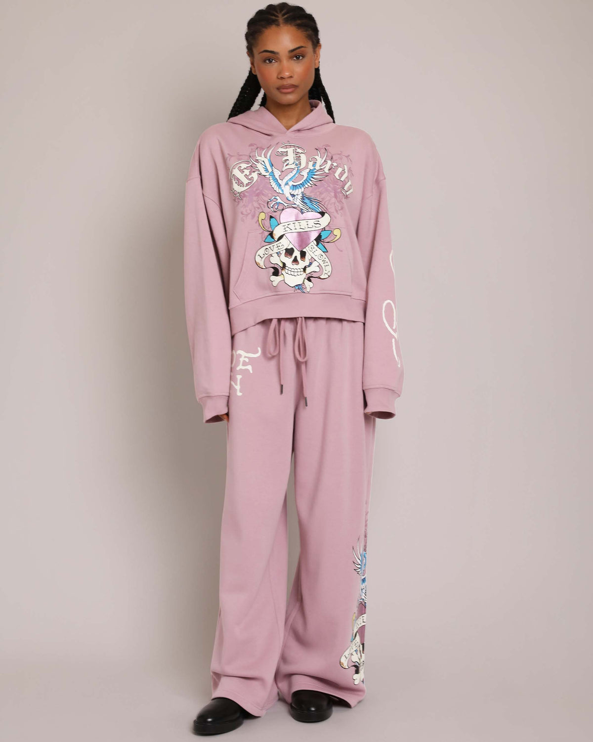 Pink LKS Skull Pant, Dusty Rose — puff print  | Ed Hardy