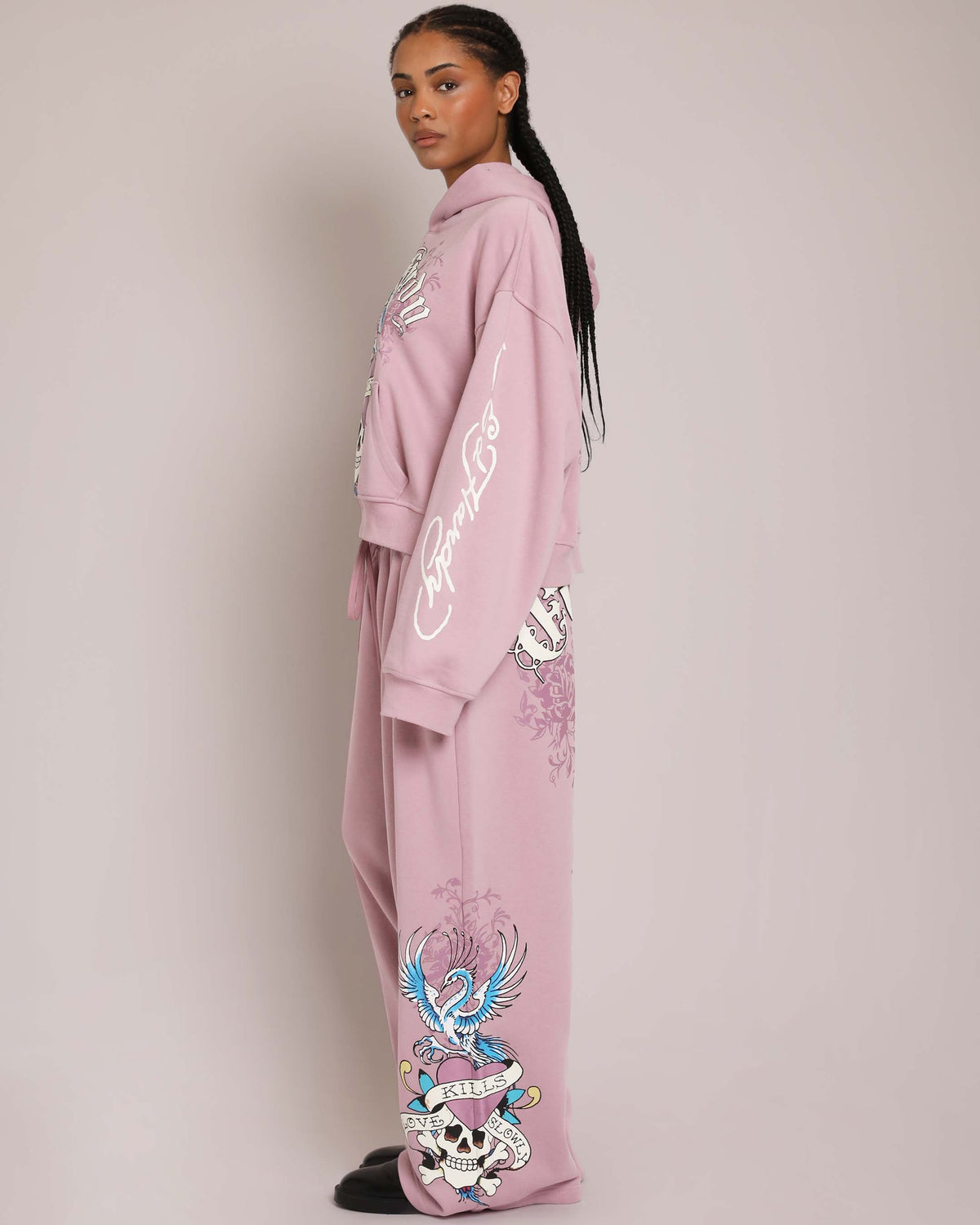 Pink LKS Skull Hoodie, Dusty Rose — puff print  | Ed Hardy