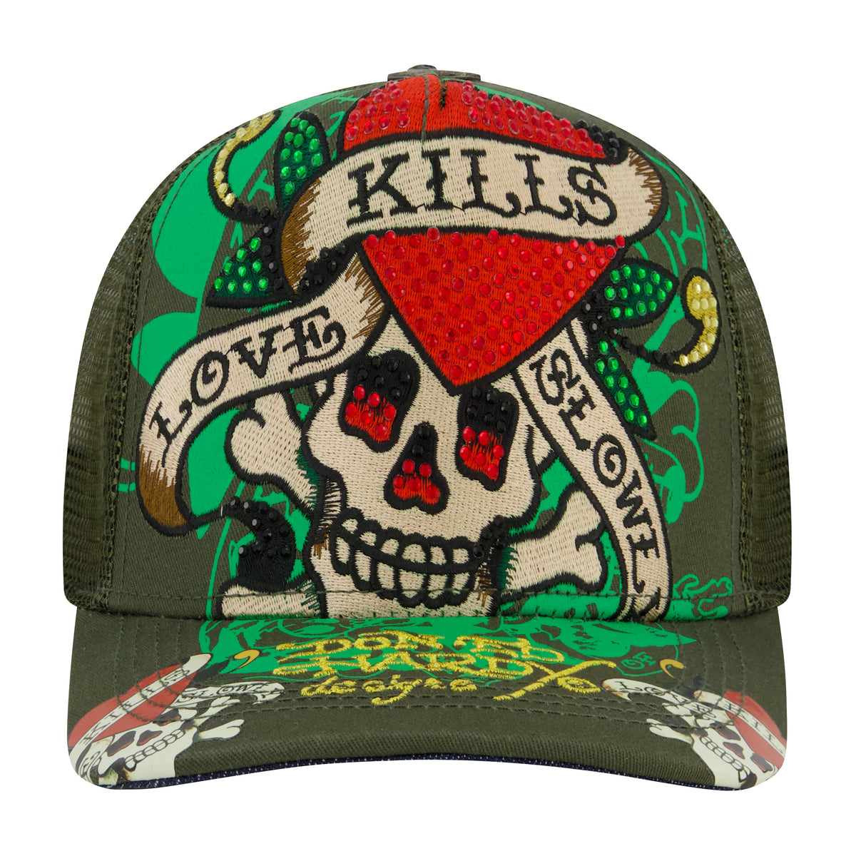 LKS Skull Rhinestone Trucker Hat - Olive OLIVE | Ed Hardy
