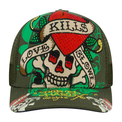 LKS Skull Rhinestone Trucker Hat - Olive OLIVE | Ed Hardy