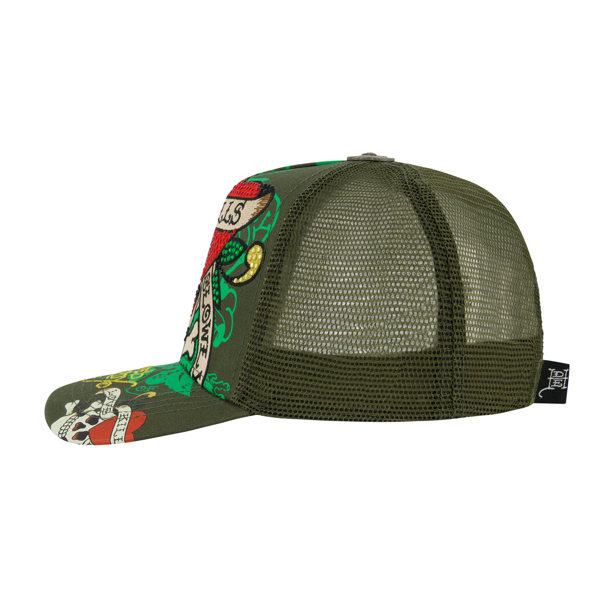 LKS Skull Rhinestone Trucker Hat - Olive OLIVE | Ed Hardy