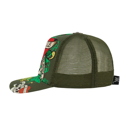 LKS Skull Rhinestone Trucker Hat - Olive OLIVE | Ed Hardy